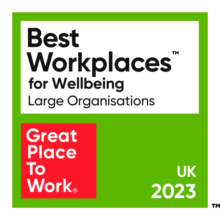 Image of 2023 Uk Best Workplaces Award for Wellbeing in a Large Organisation poster.