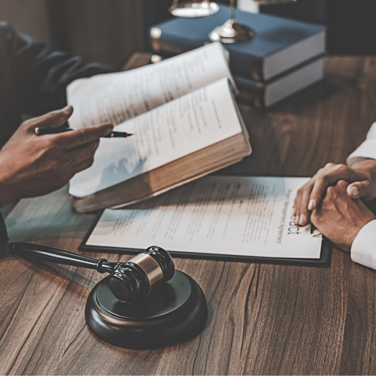 Two lawyers look through a reference book and paperwork.