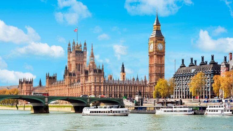 A view of Big Ben and the Houses of Parliament from across the river Thames.