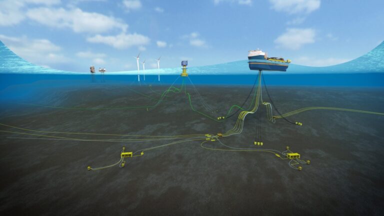 A scaled concept from Crondall Energy of offshore energy with wind turbines and boats in the sea.