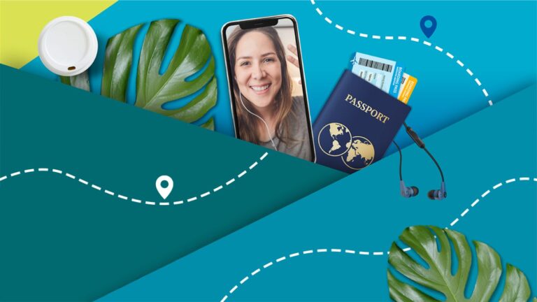 An image of leaves, a picture of a girl waving on a phone and a passport.