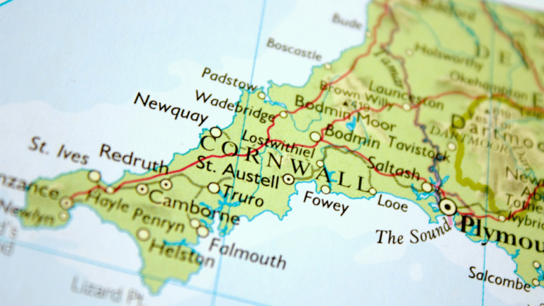 A map of Cornwall and part of Devon including Penzance to Bideford.