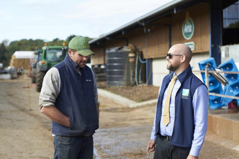 Two male colleagues stand in the farmyard at Danns Farm conversing.