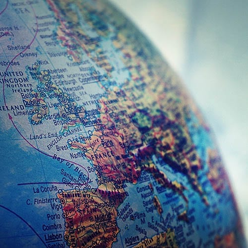 A close up image of the globe with the united Kingdom, Ireland, France and Portugal in the foreground.