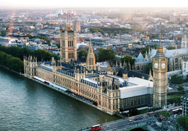 An aerial view of The Houses of Parliament in London.