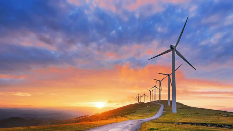 Wind turbines stretching along a moorland road at sunset.