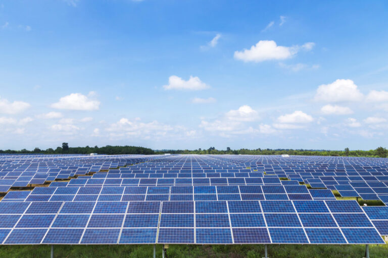 Hundreds of solar panels spreading across fields.