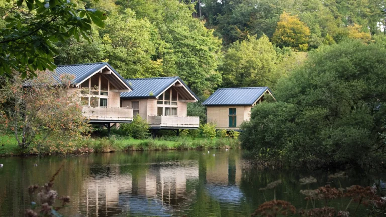 Log cabins overlooking a lake.