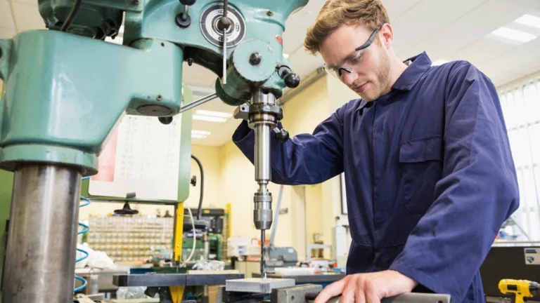 A man using a large standing drill in a manufacturing company