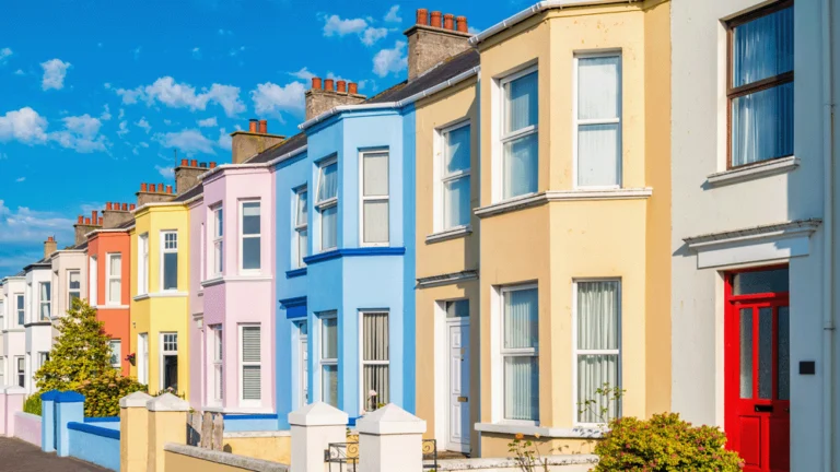 Colourful terraced, bay window houses