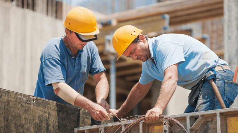 Two workmen on a construction site looking down, attempting to resolve an issue.