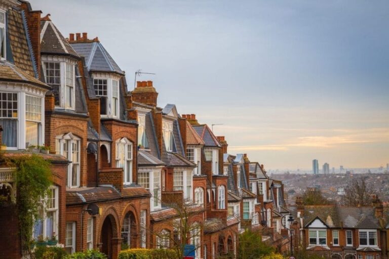 A row of terrace houses with a city scape in the background