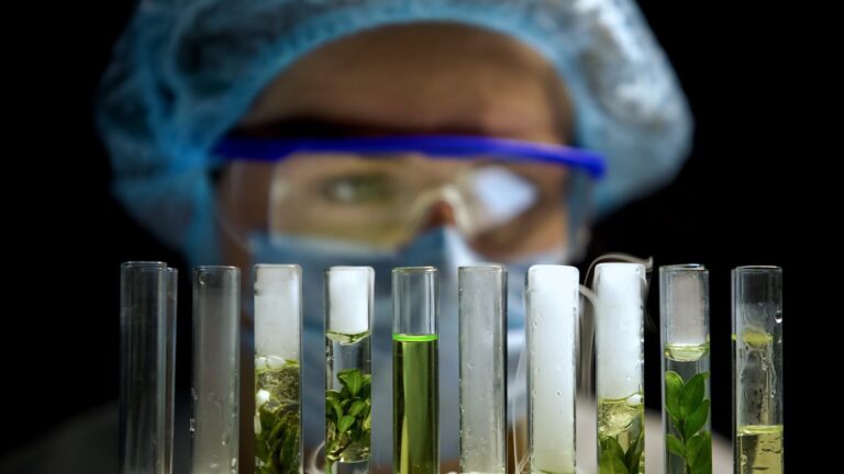 A close-up view of a row of test tubes filled with food samples, with a blurred portrait of a laboratory worker in the background.