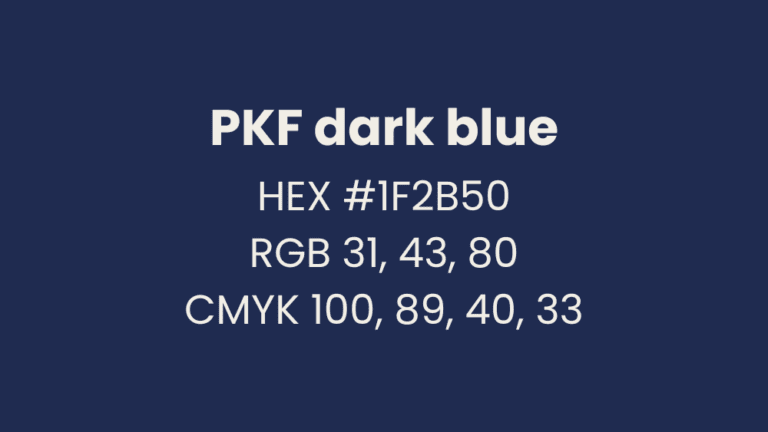 Colour breakdown of PKF dark blue. HEX is #1F2B50. RGB is 31,43,80 and CMYK is 100,89,40,33