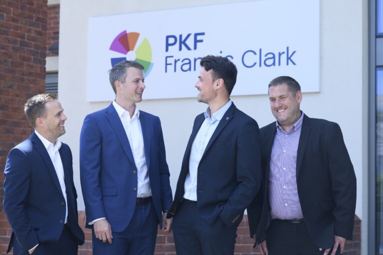 Angus Hunter, Nick Crandon, James Thomas and Richard Drewitt outside PKF Francis Clark's Exeter office