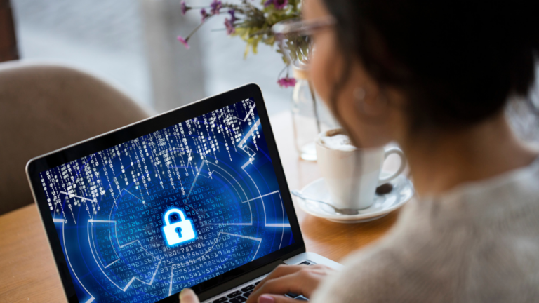 Woman looking at her apple device a lock can be seen on screen